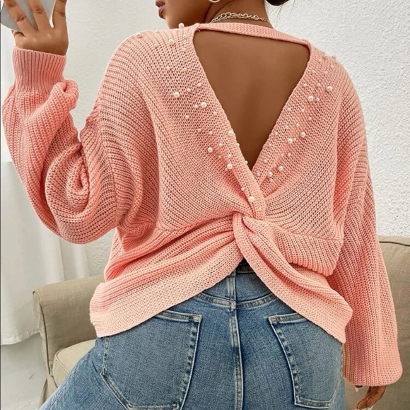 Plus size pearls detail twist back sweater top - Picture 2 of 5